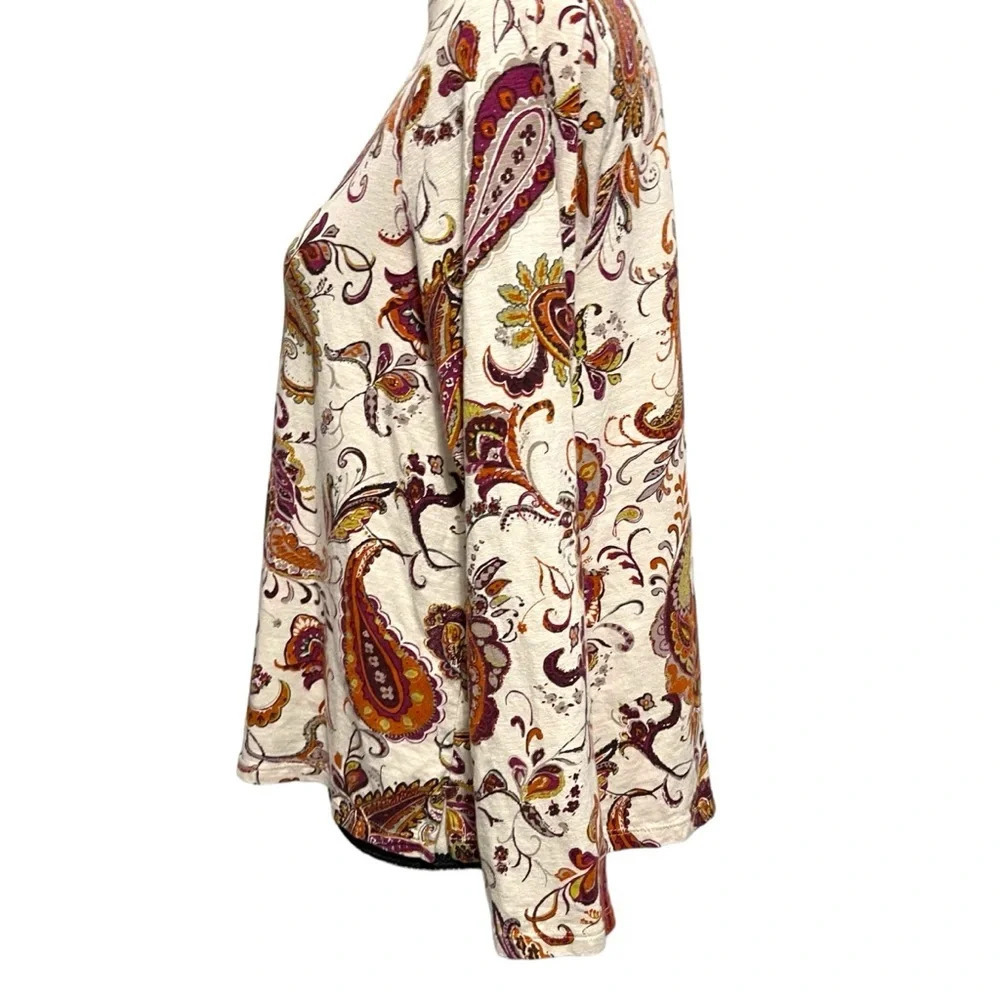 J. Jill Women Top M Petite Cream Paisley Long Sleeve Knit Tulip Back Boho Earthy - Picture 3 of 8